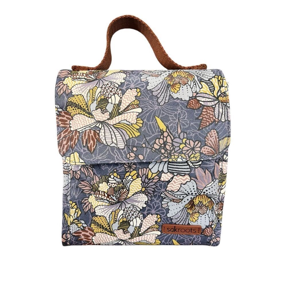 Sakroots floral flap insulated lunch bag box boho carry handle coated canvas